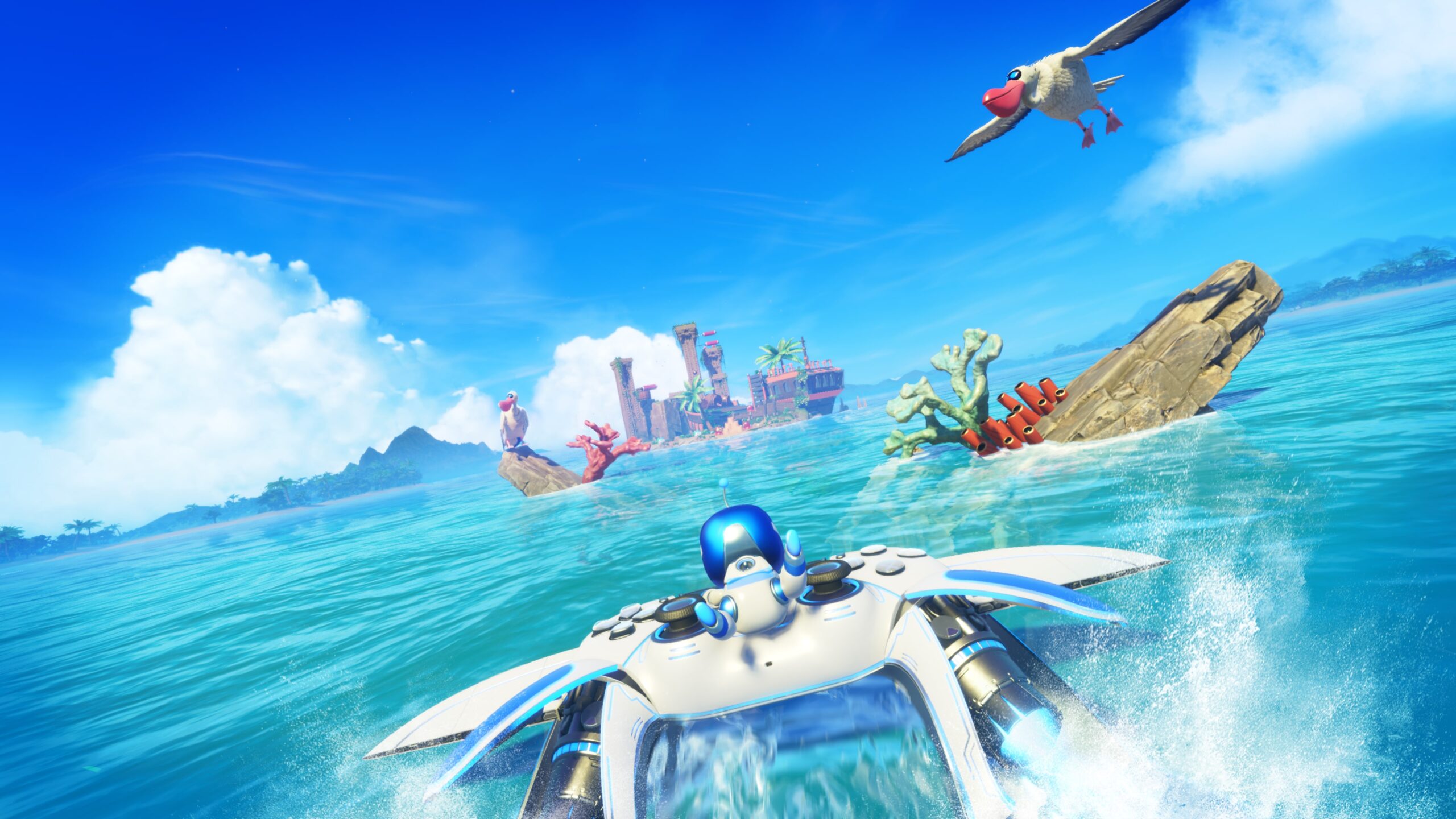 Astro Bot official screenshot showing Astro riding the Dual Speeder over the ocean
