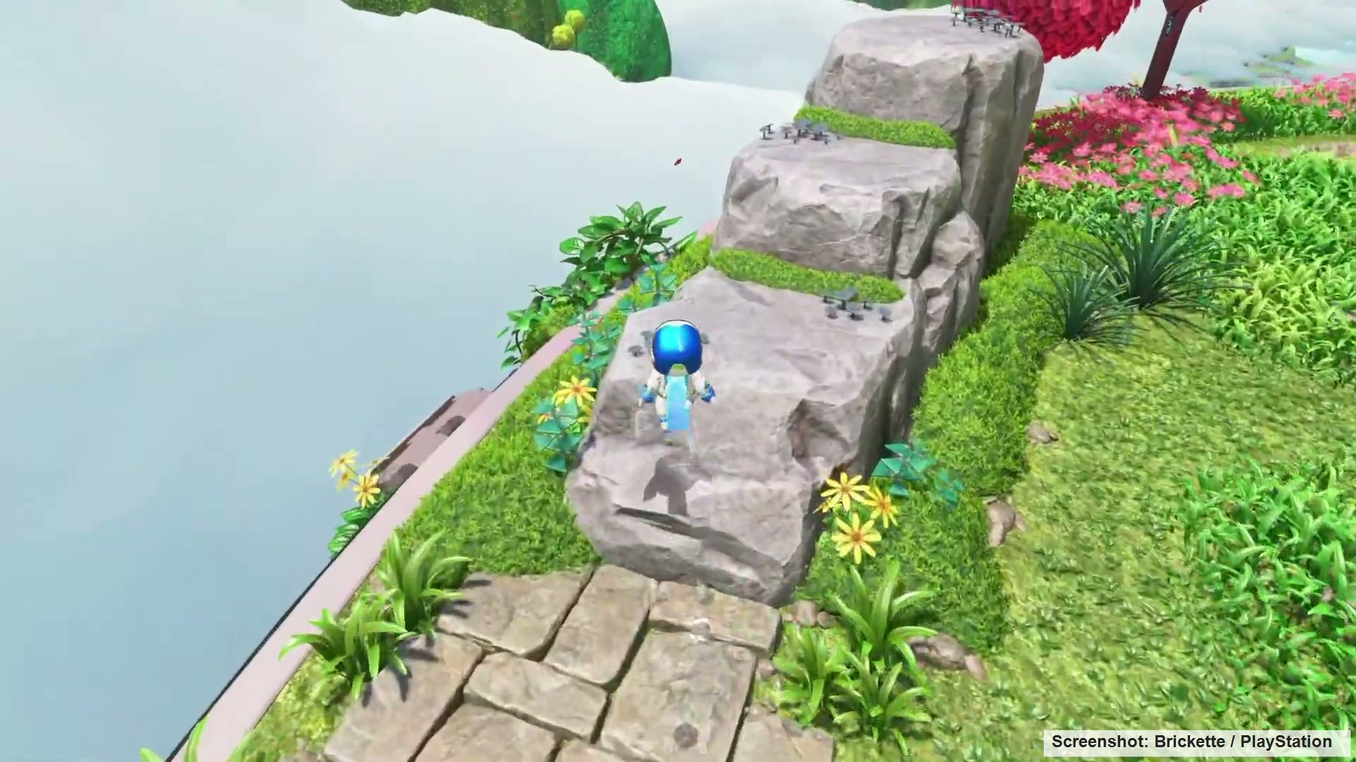 Astro Bot Sky Garden Bot 2 route beside the stone path and tree area