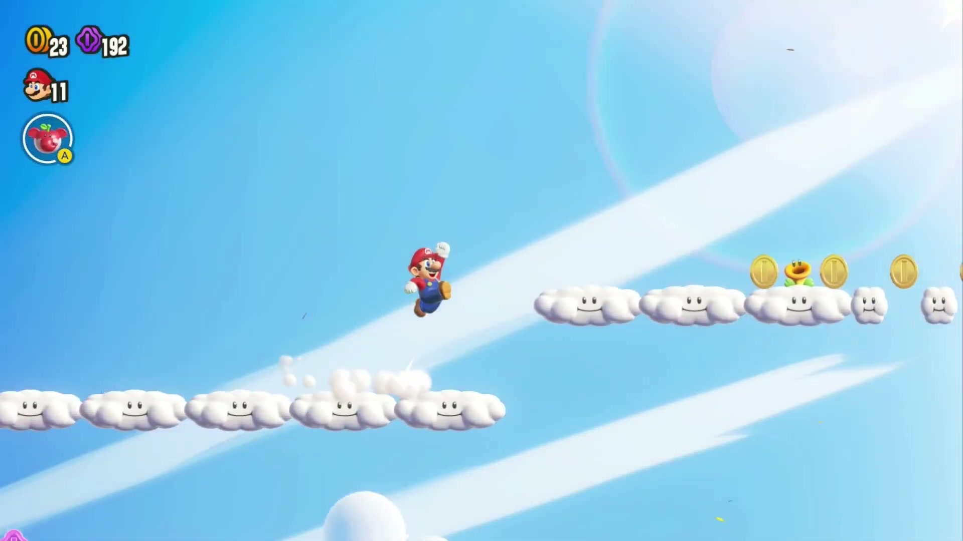 Mario jumping across Cloud Blocks during a Wonder Effect, representing Super Mario Bros. Wonder glitches and tricks