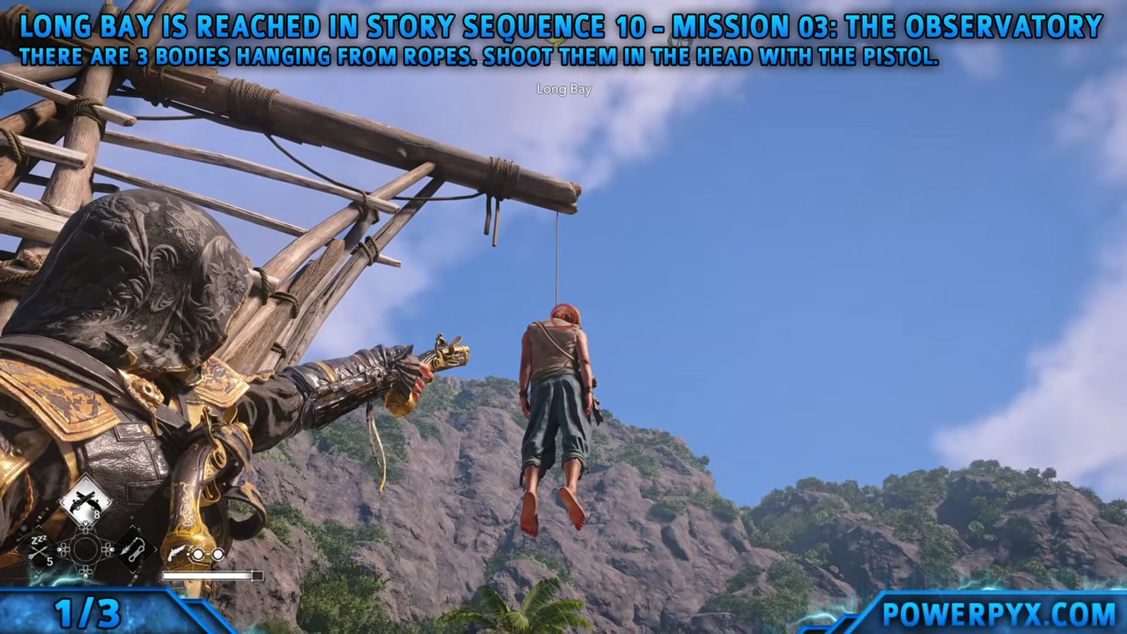 Edward aiming a pistol at the first hanging body beside the Long Bay viewpoint tower
