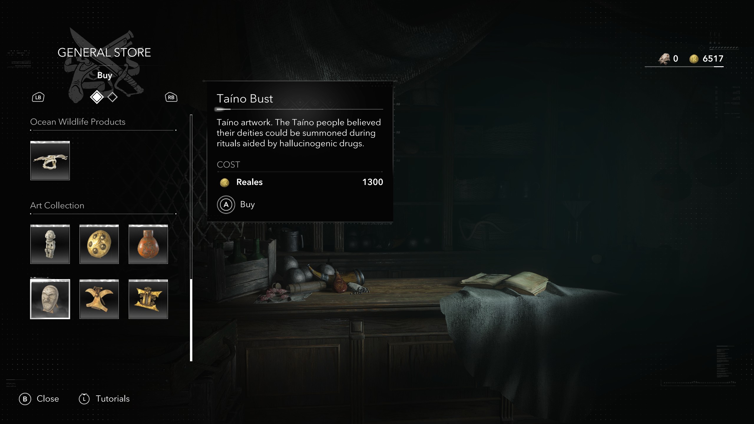 General Store Art Collection menu showing the Taino Bust in Black Flag Resynced