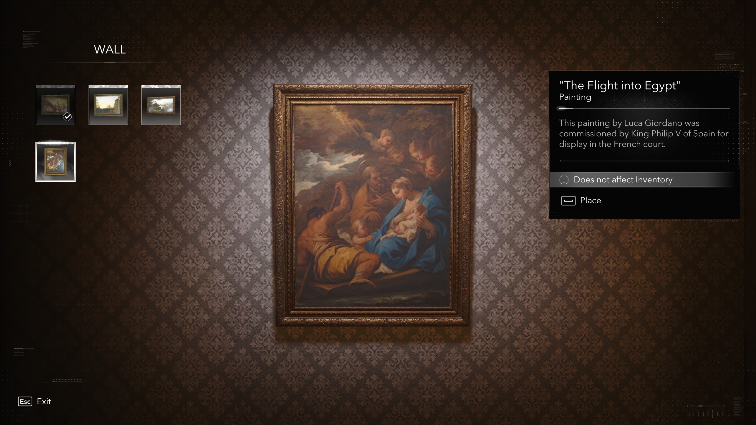 Painting placement menu in Great Inagua manor for the Dilettante trophy