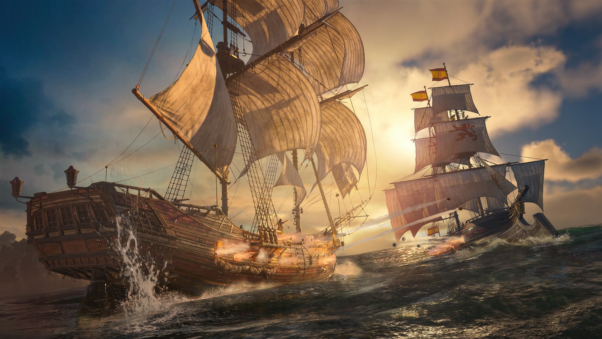 The Jackdaw fighting enemy ships at sea in Assassin's Creed Black Flag Resynced