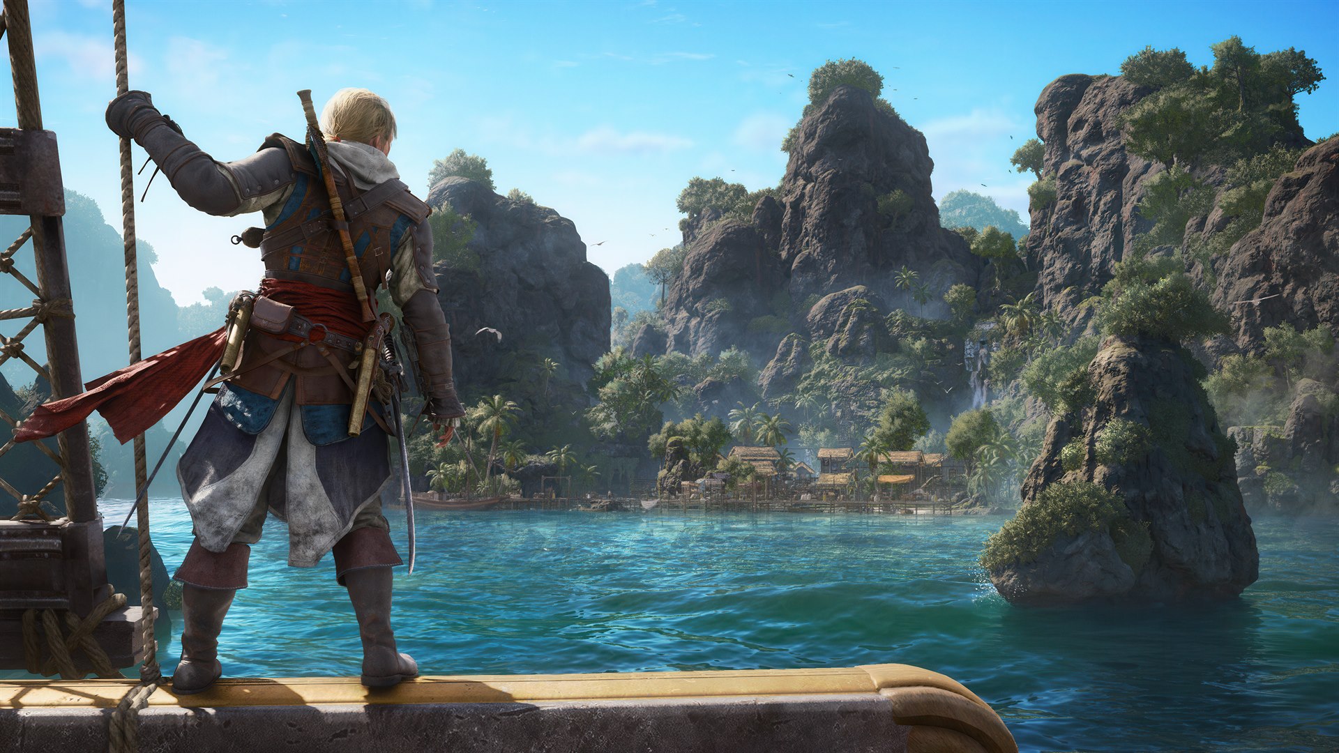 Edward Kenway looking over the Caribbean from the Jackdaw in Assassin's Creed Black Flag Resynced