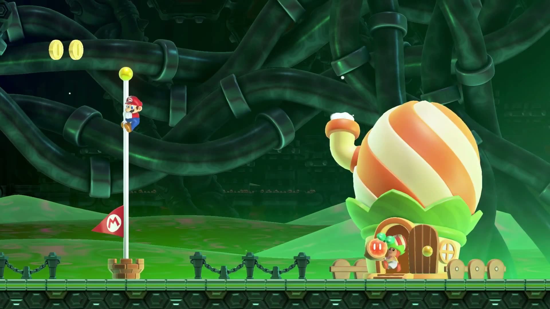 Petal Isles Wonder Seed 28, reaching the Goal Pole to clear Missile Meg Mayhem