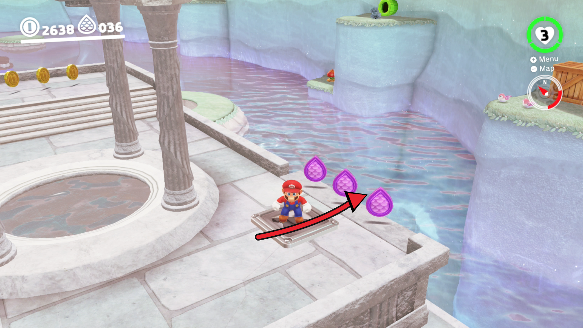 Super Mario Odyssey Lake Kingdom purple coins 37 to 39 on the P-Switch platform above the Water Plaza