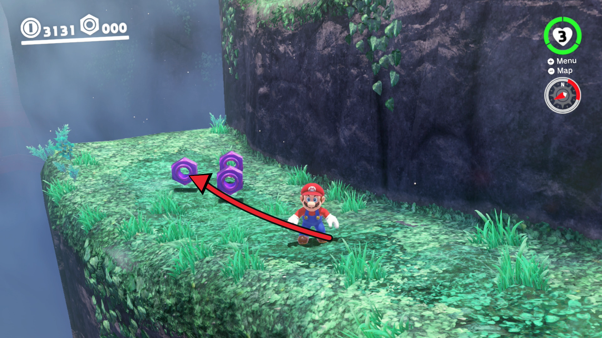 Super Mario Odyssey Wooded Kingdom purple coins 1 to 3 on the ledge behind the wall beside the Odyssey