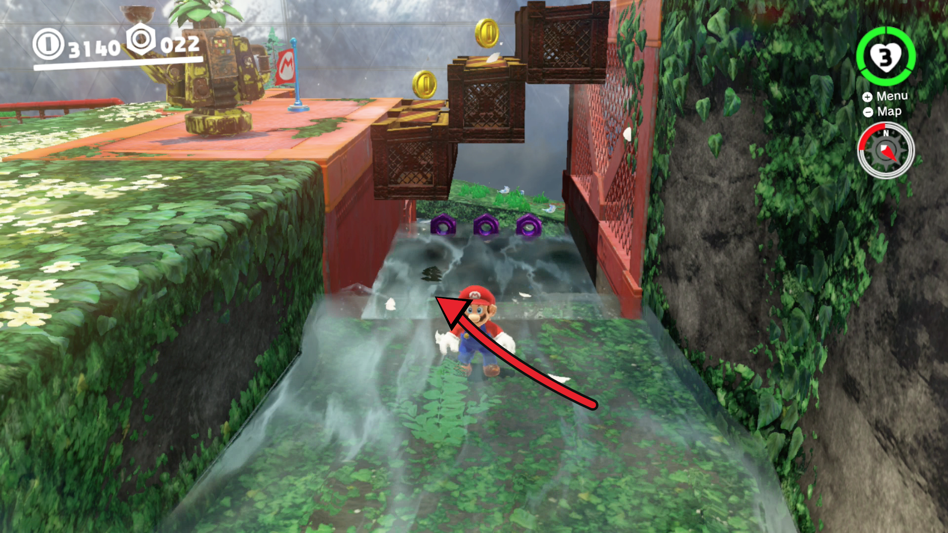 Super Mario Odyssey Wooded Kingdom purple coins 23 to 25 at the end of the river by the Iron Road Entrance checkpoint
