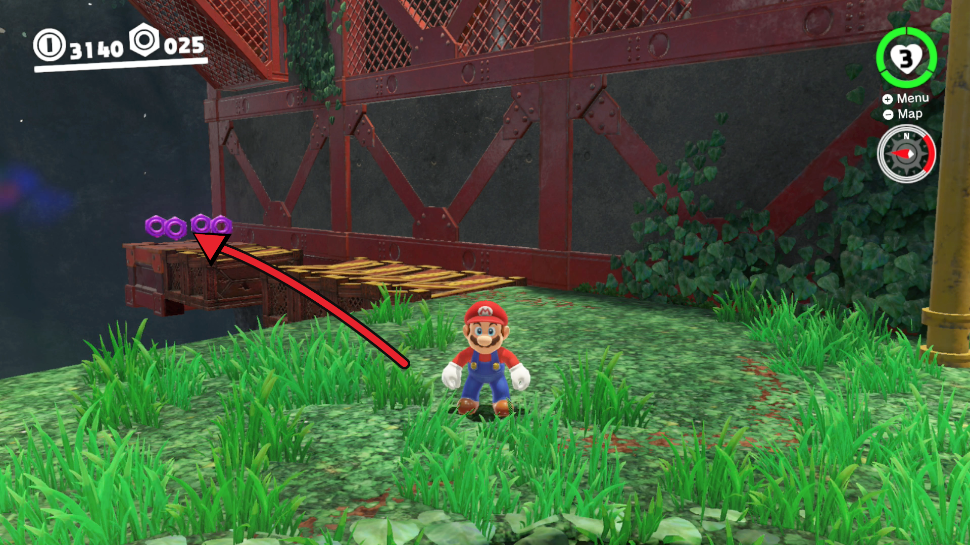 Super Mario Odyssey Wooded Kingdom purple coins 26 to 29 on the ledge below Iron Road Entrance