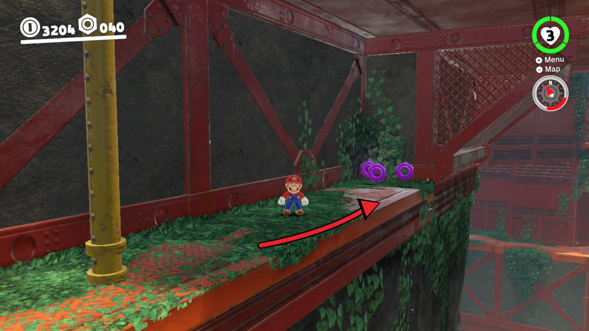 Super Mario Odyssey Wooded Kingdom purple coins 41 to 43 on the hidden ledge below Iron Road Halfway Point