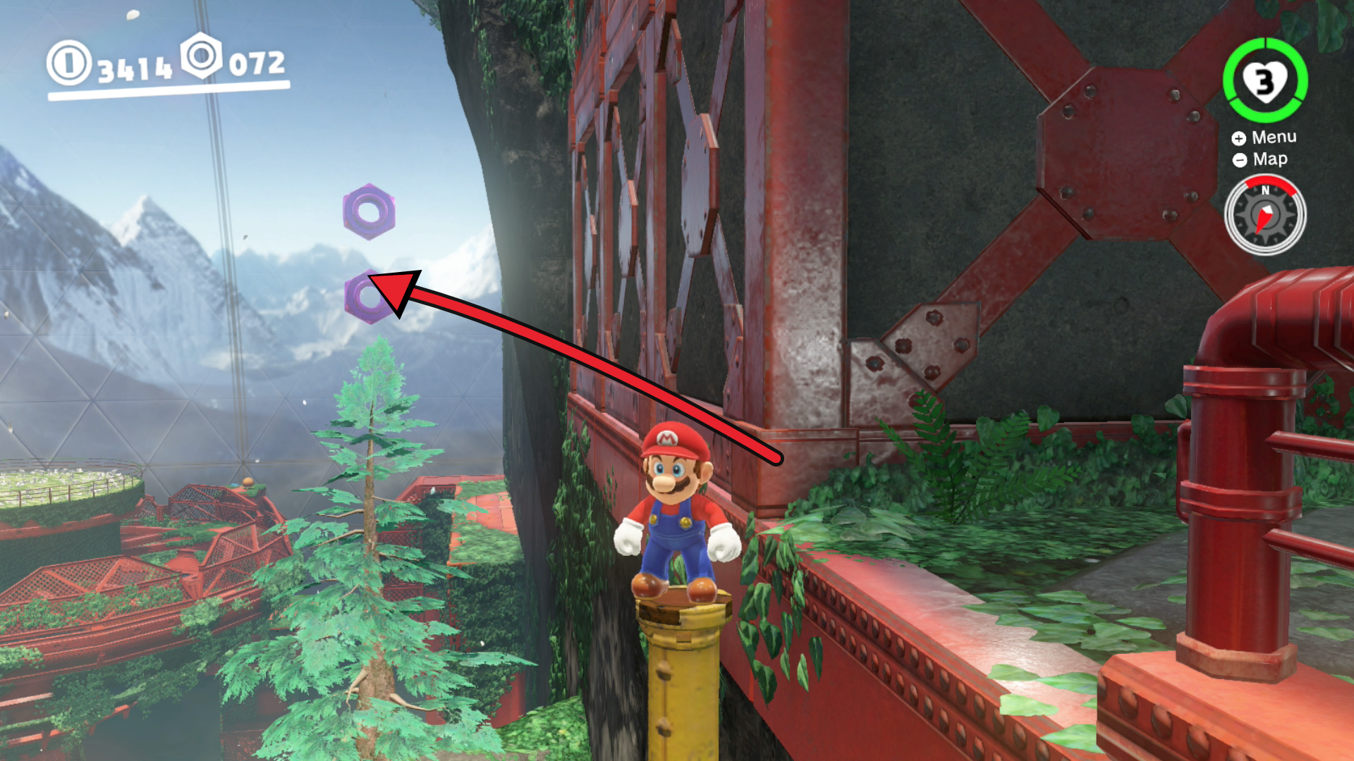 Super Mario Odyssey Wooded Kingdom purple coins 73 and 74 at the top of the tree below Iron Mountain Path Station 8