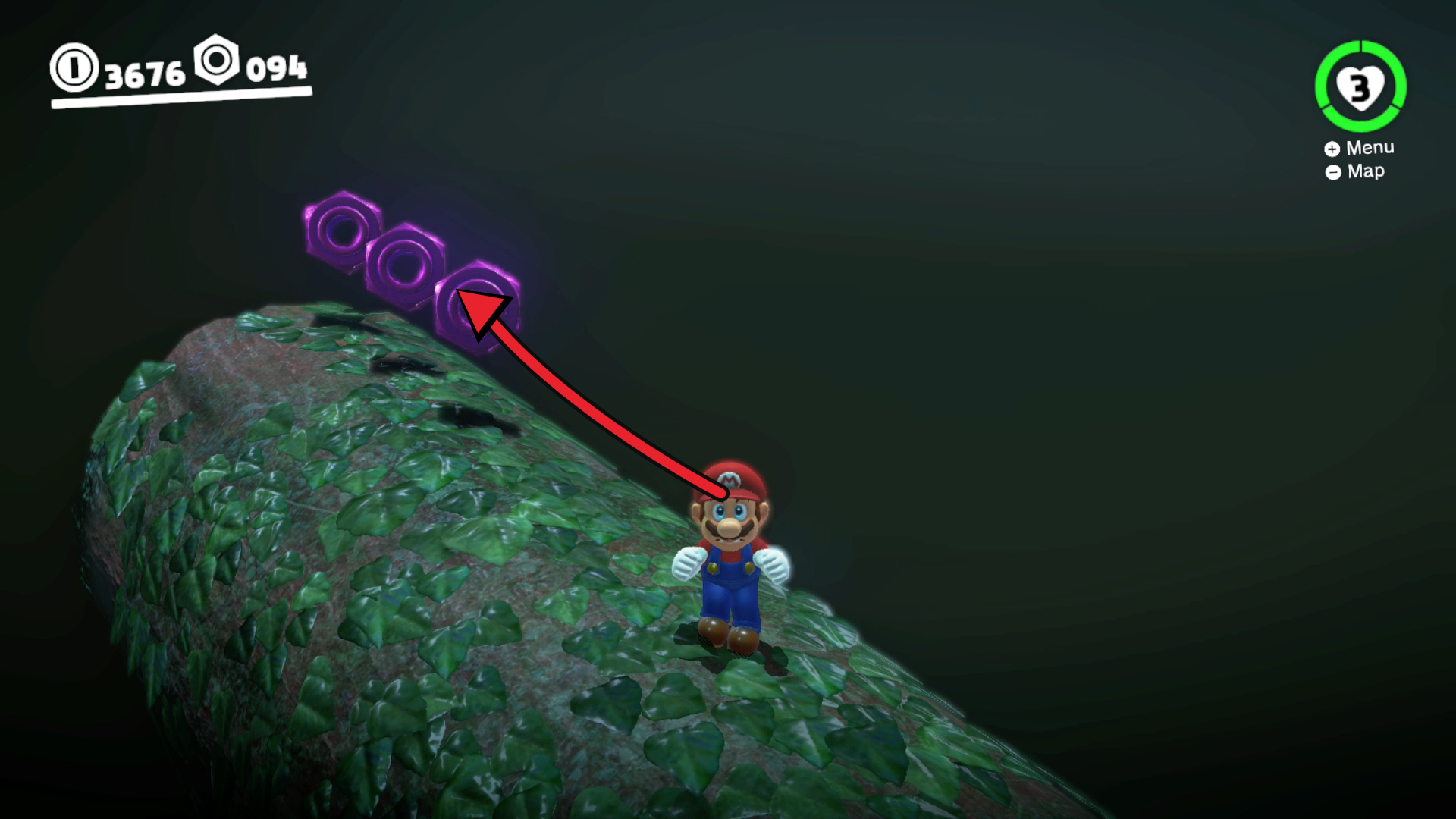 Super Mario Odyssey Wooded Kingdom purple coins 95 to 97 on a log in the southeastern Deep Woods