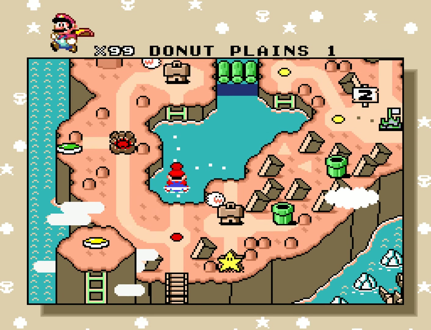 Super Mario World autumn overworld after clearing Special World, the Donut Plains map recoloured with teal water