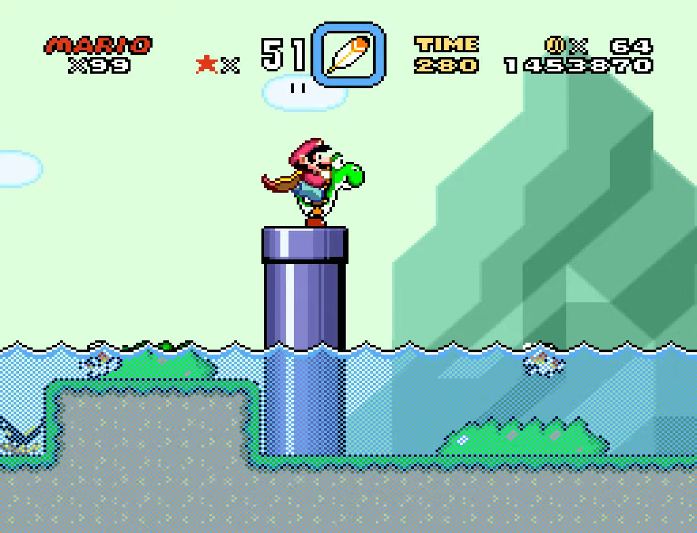 Super Mario World Special World level, Mario on Yoshi crossing pipes over water