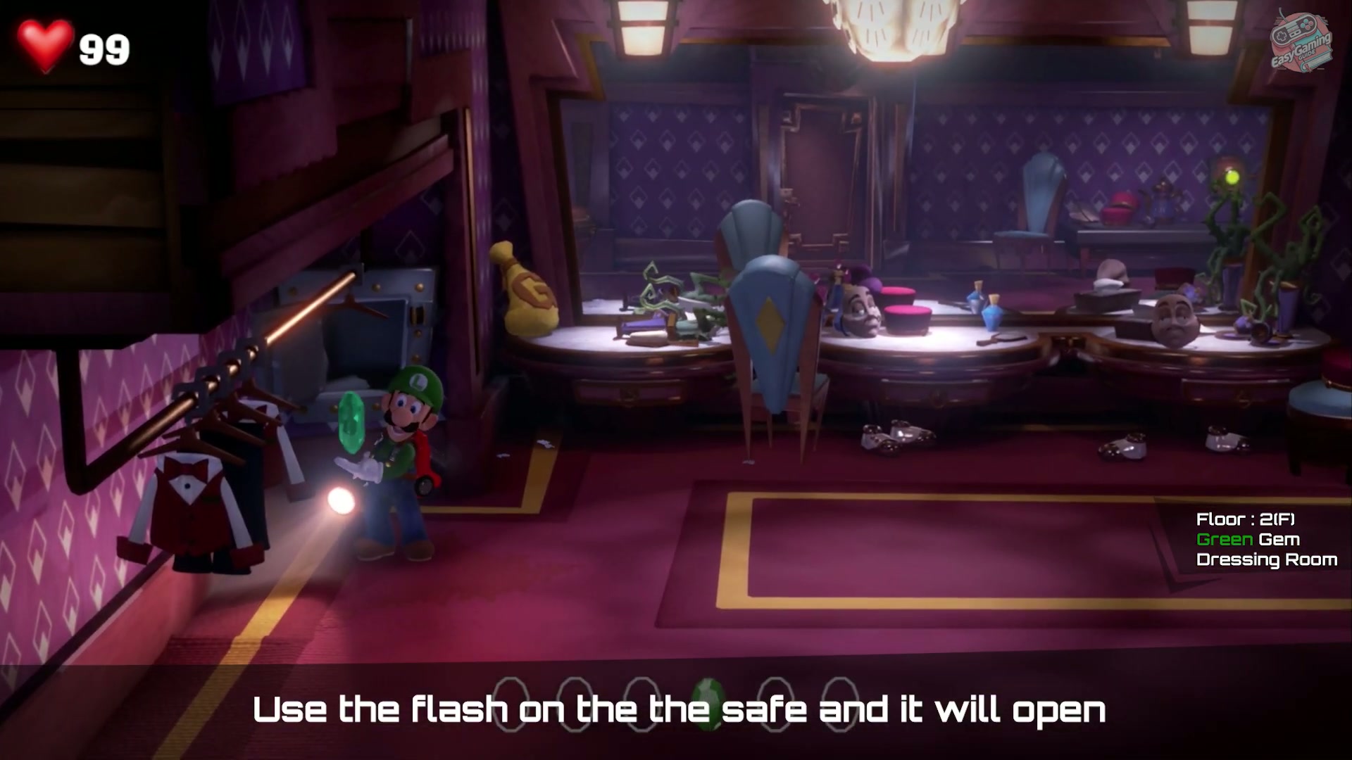 Green Gem revealed in the Dressing Room safe in 2F Mezzanine in Luigi's Mansion 3
