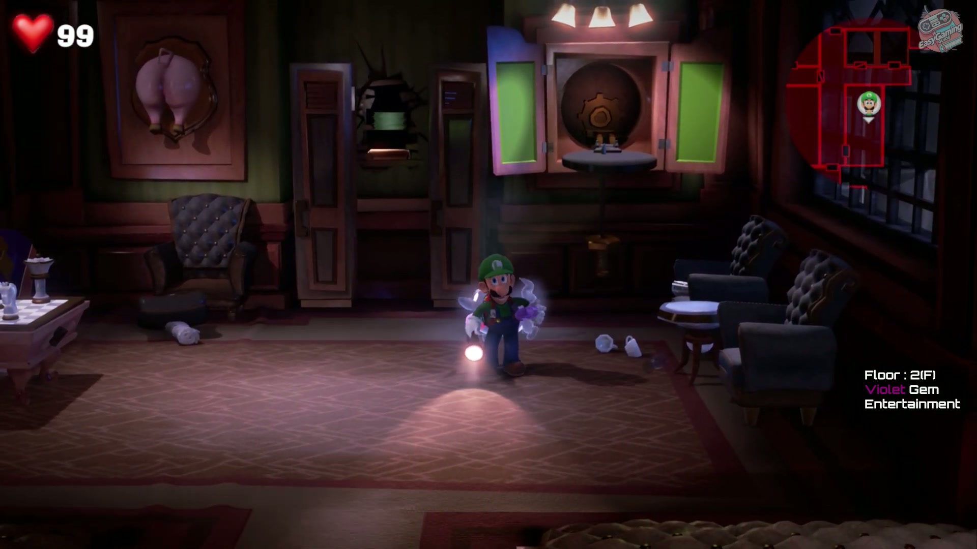 Purple Gem collected in the Entertainment Room in 2F Mezzanine in Luigi's Mansion 3