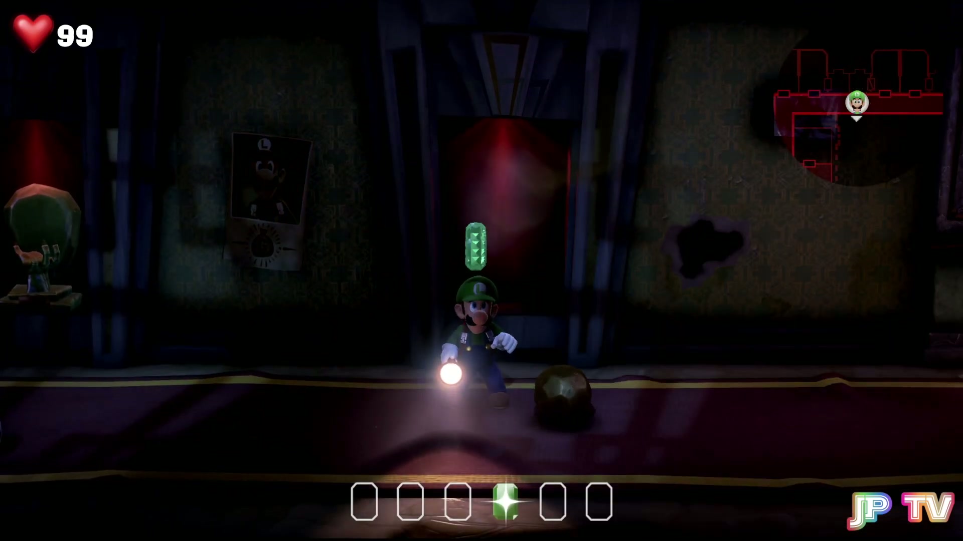 5F RIP Suites Green Gem floating above Luigi after hitting the statue in the hallway in Luigi's Mansion 3
