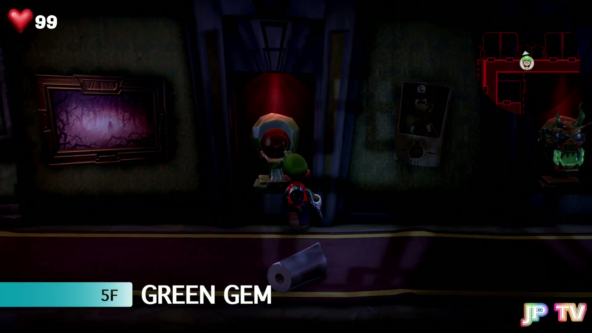 5F RIP Suites Green Gem, Luigi aiming the orb shot at a statue in the hallway near Room 506 in Luigi's Mansion 3