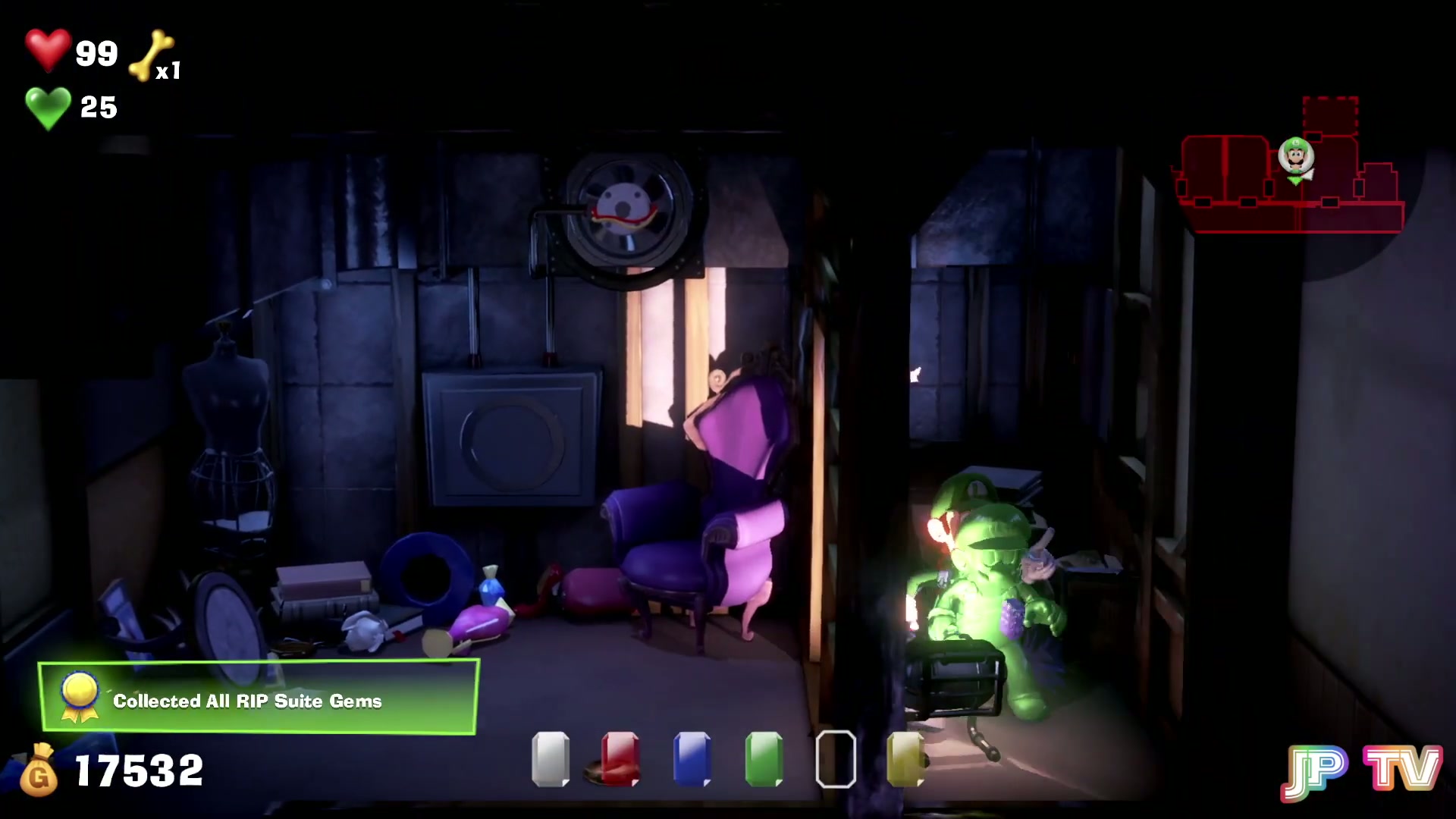 5F RIP Suites Purple Gem collected with the Collected All RIP Suite Gems banner in Luigi's Mansion 3