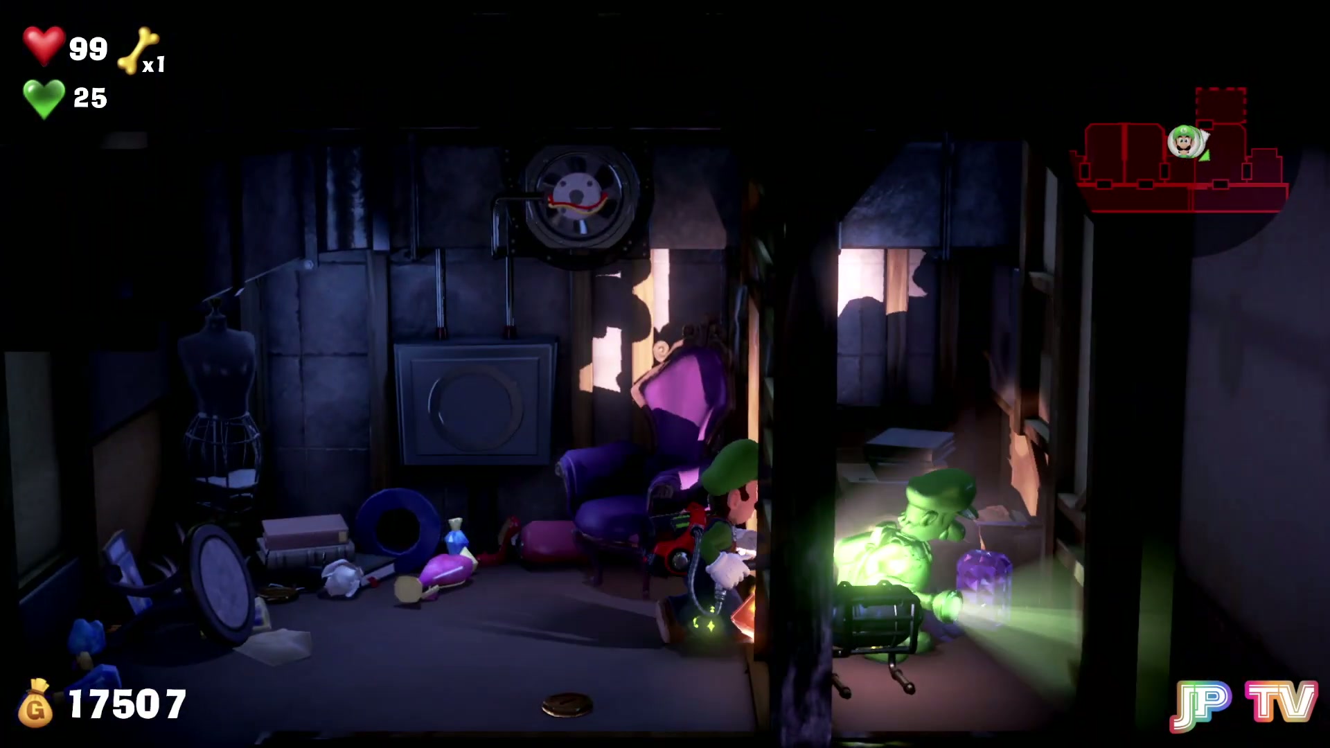 5F RIP Suites Purple Gem, the secret room behind the bathroom tarp in Room 507 in Luigi's Mansion 3