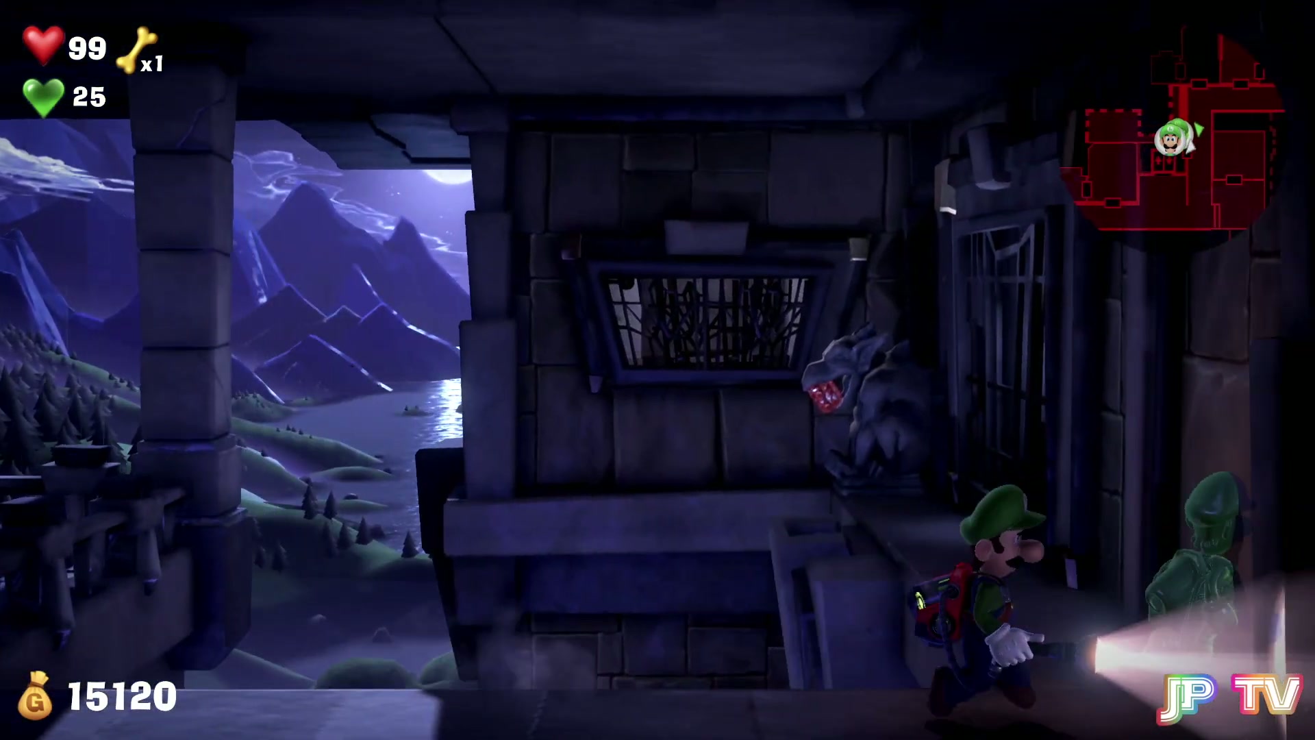 5F RIP Suites Red Gem, the stone gargoyle holding the gem on the Room 501 balcony in Luigi's Mansion 3