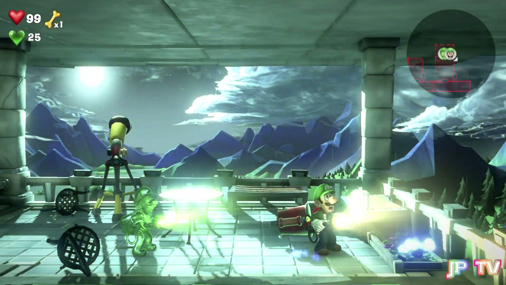 5F RIP Suites White Gem, Luigi and Gooigi fighting the moon ghost on the Room 508 balcony in Luigi's Mansion 3