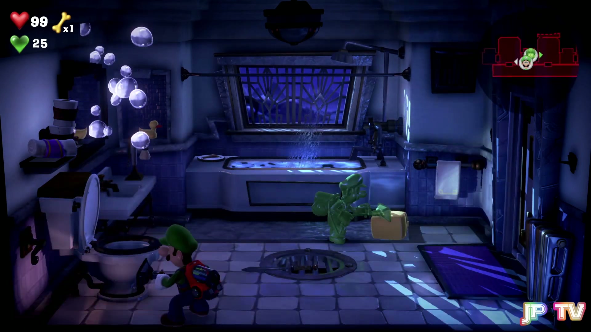 5F RIP Suites Yellow Gem, Gooigi pulling wood from the shower valve in the Room 502 bathroom in Luigi's Mansion 3