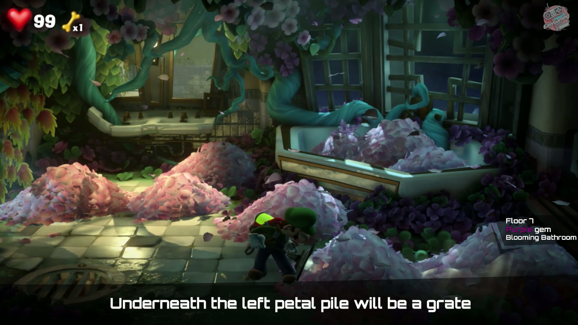 Purple Gem Blooming Bathroom petal pile route in 7F Garden Suites in Luigi's Mansion 3