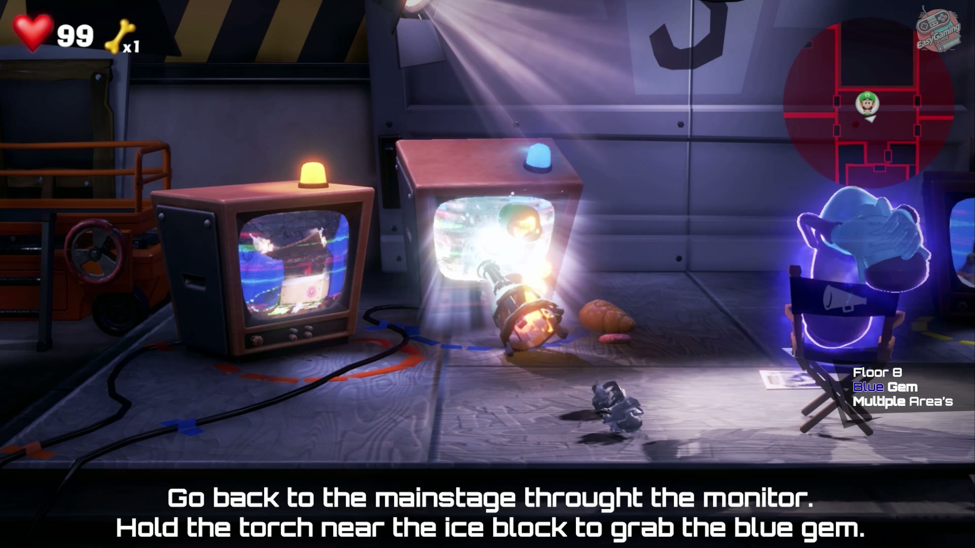Blue Gem torch and ice block puzzle in 8F Paranormal Productions in Luigi's Mansion 3