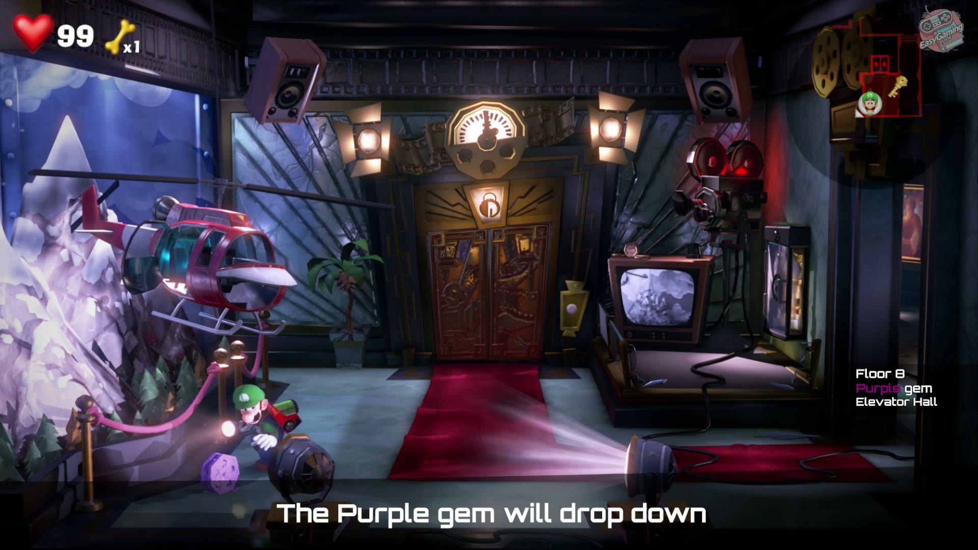 Purple Gem collected in the Elevator Hall in 8F Paranormal Productions in Luigi's Mansion 3
