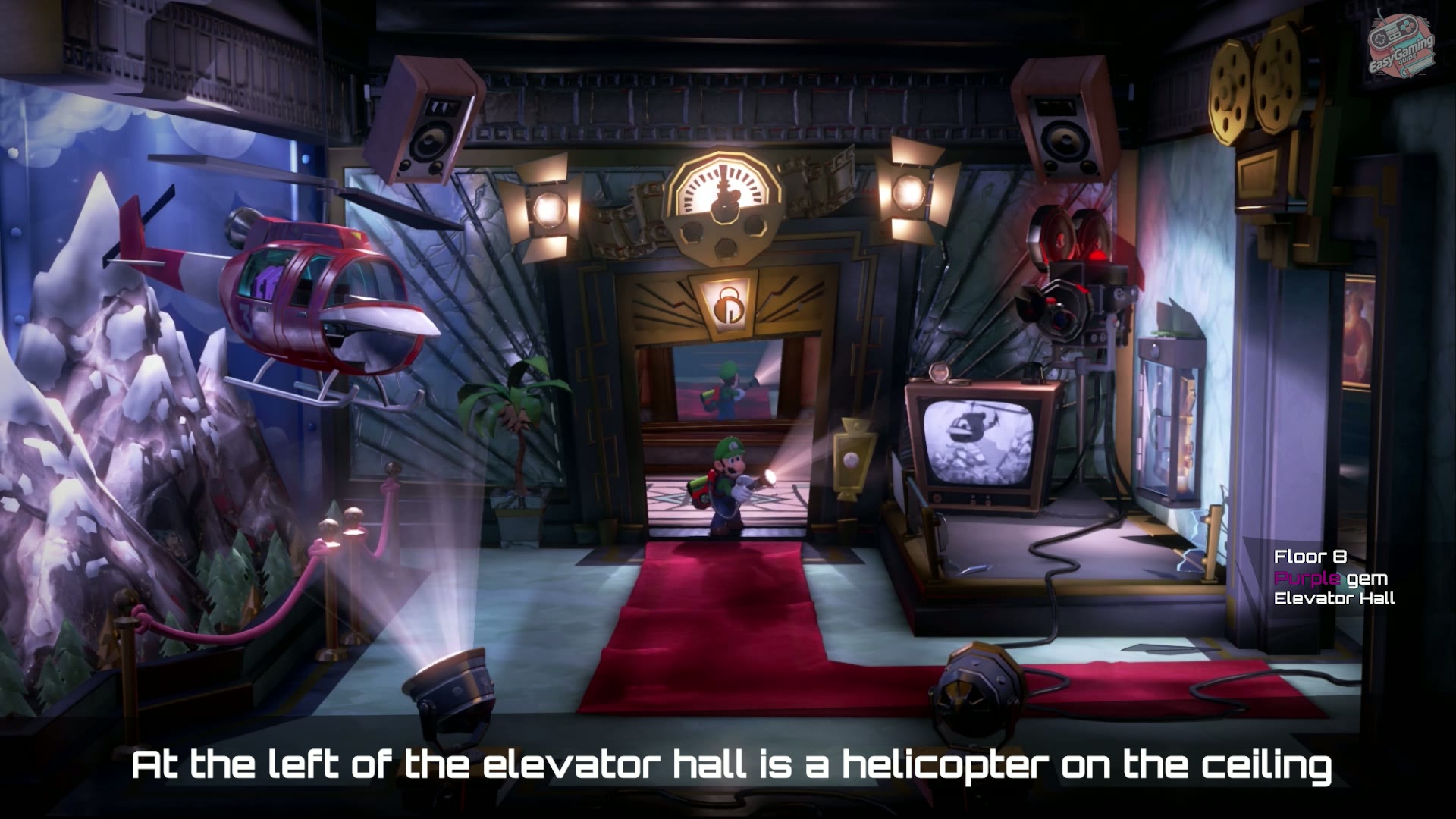 Purple Gem Elevator Hall helicopter route in 8F Paranormal Productions in Luigi's Mansion 3