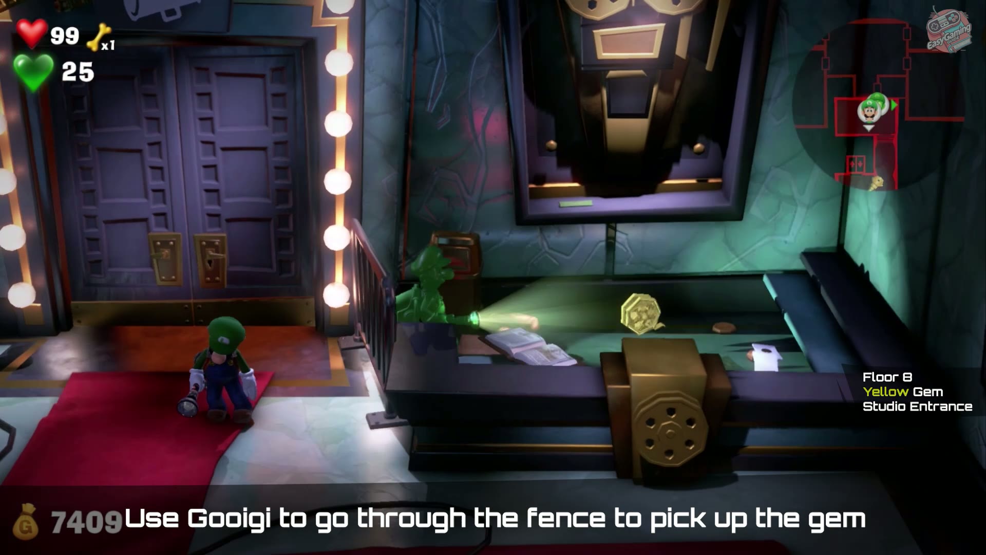 Yellow Gem collected through the fence at the Studio Entrance in 8F Paranormal Productions in Luigi's Mansion 3