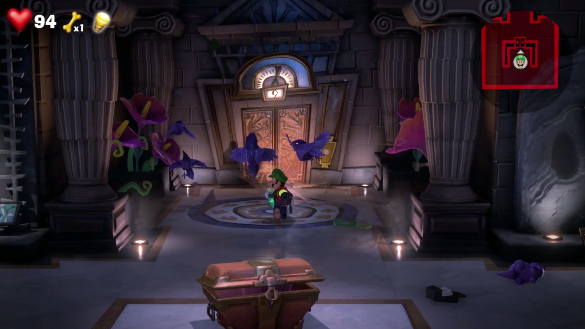 Blue Gem Elevator Hall doors and flowers in 9F Museum in Luigi's Mansion 3