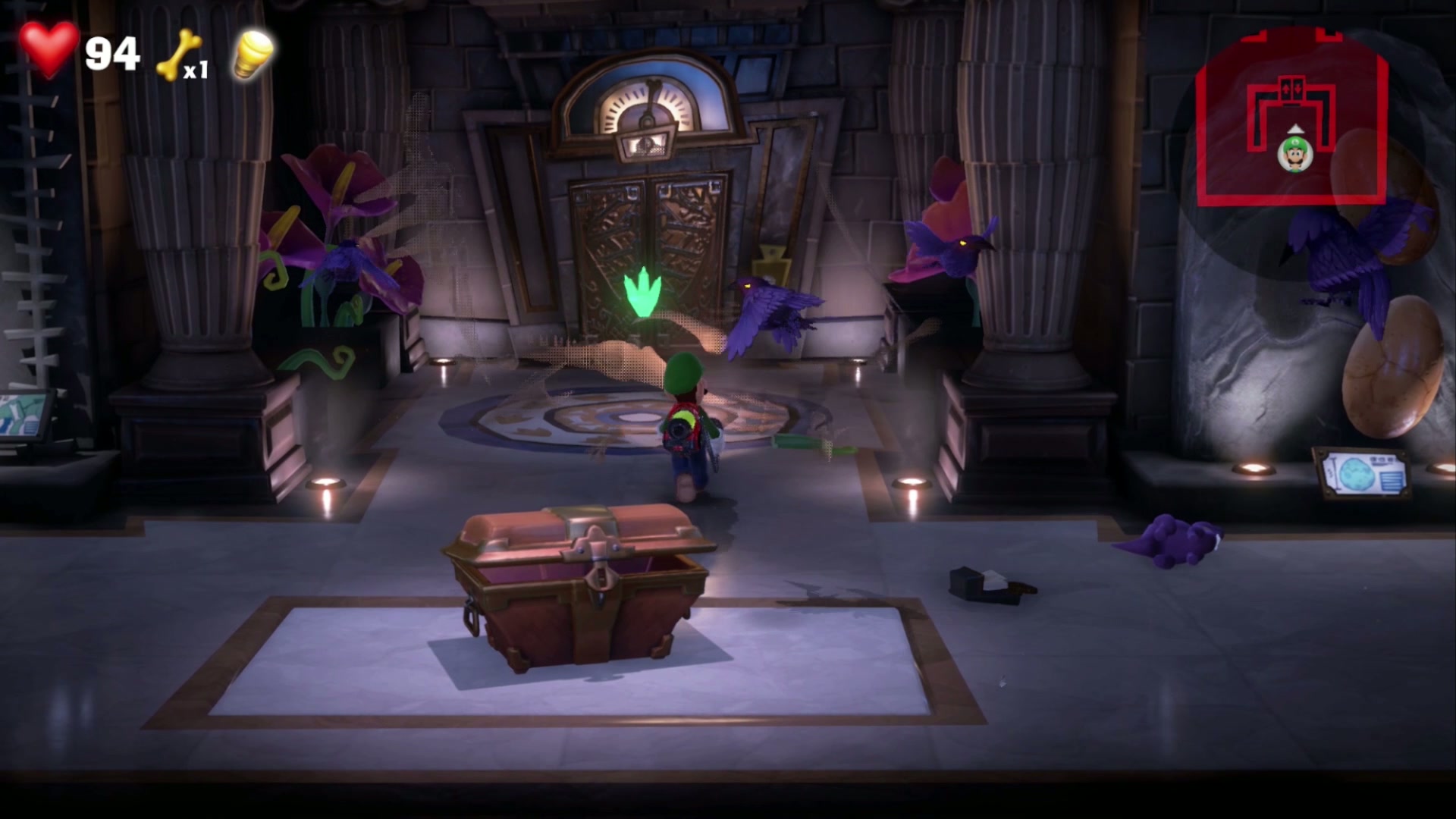 Green Gem sparkle appearing above the elevator in 9F Museum in Luigi's Mansion 3